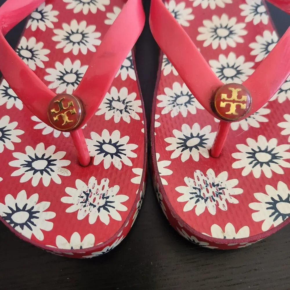 Tory Burch Nantucket daisy red white primrose floral thong sandals wedge lounge